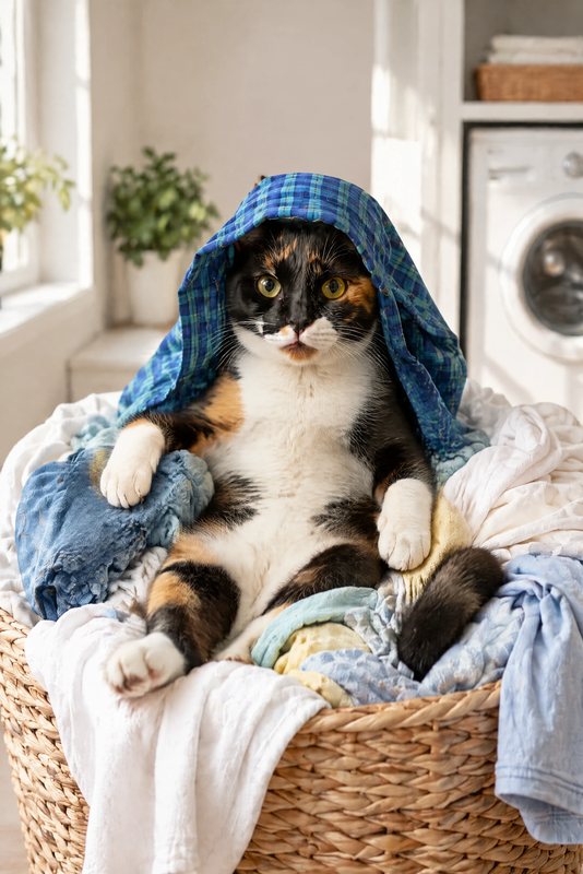 The Laundry Nap look made with a calico cat