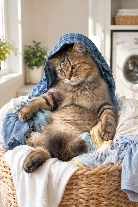 The Laundry Nap look made with a long-haired tabby cat