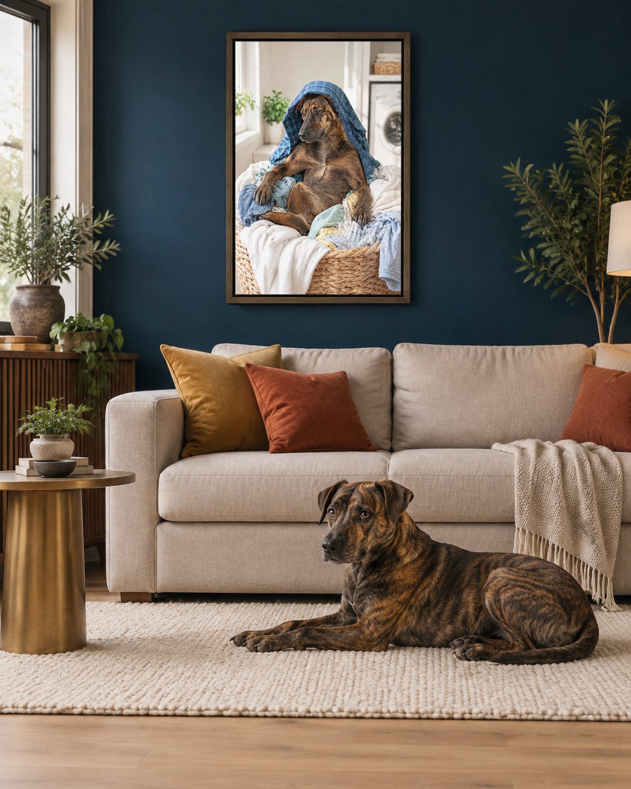 Laundry Nap portrait on canvas in a brown floating frame in a navy-blue living room, with the dog beside it