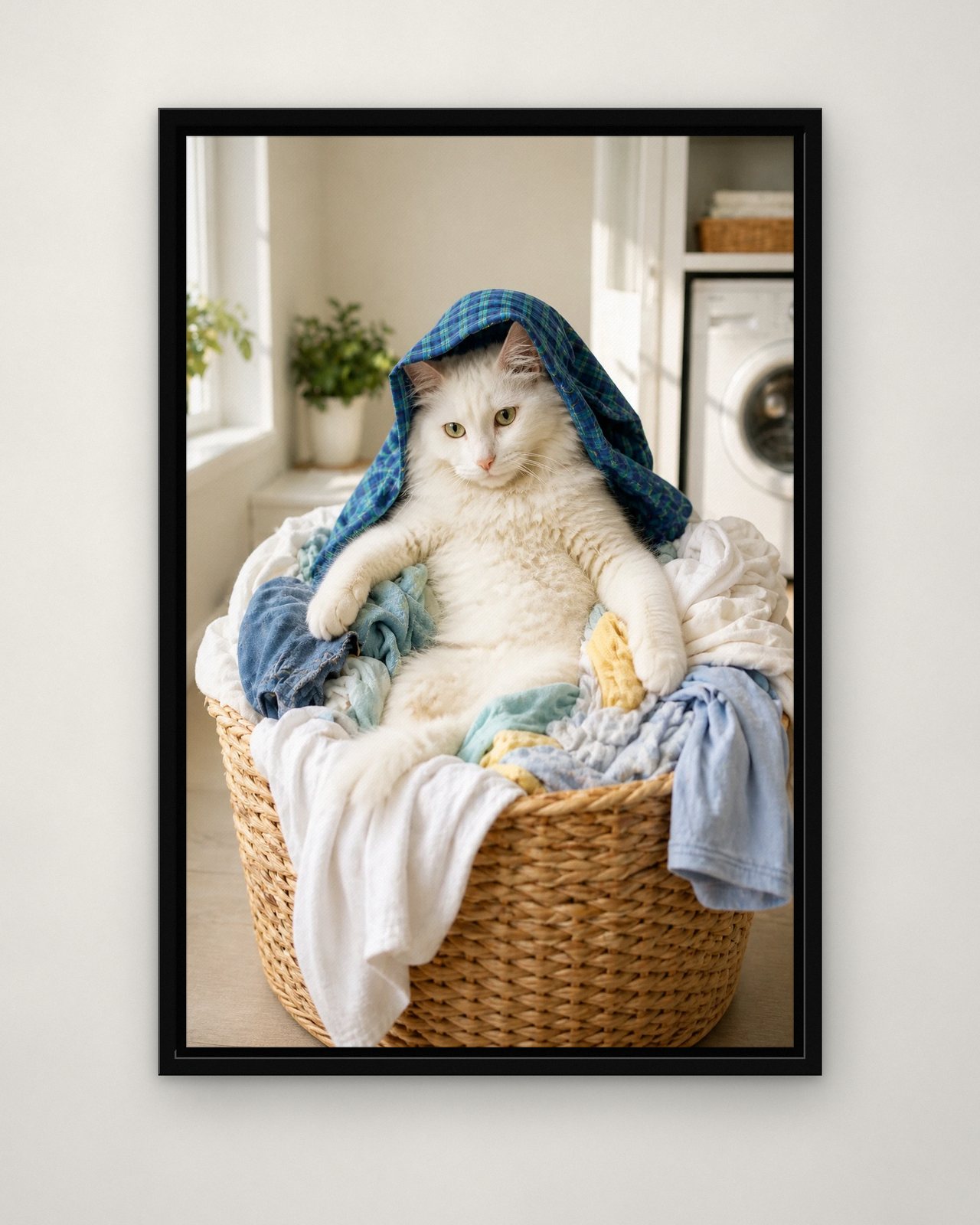 Laundry Nap portrait on canvas in a black floating frame on a plain wall