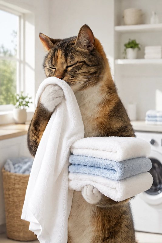 The Towel Folding look made with a tortoiseshell tabby cat