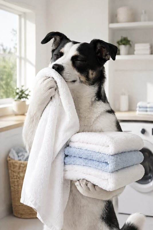 The Towel Folding look made with a black-and-white dog