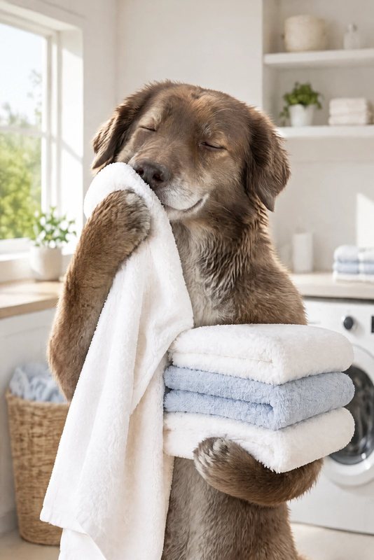 The Towel Folding look made with a chocolate shepherd-collie mix