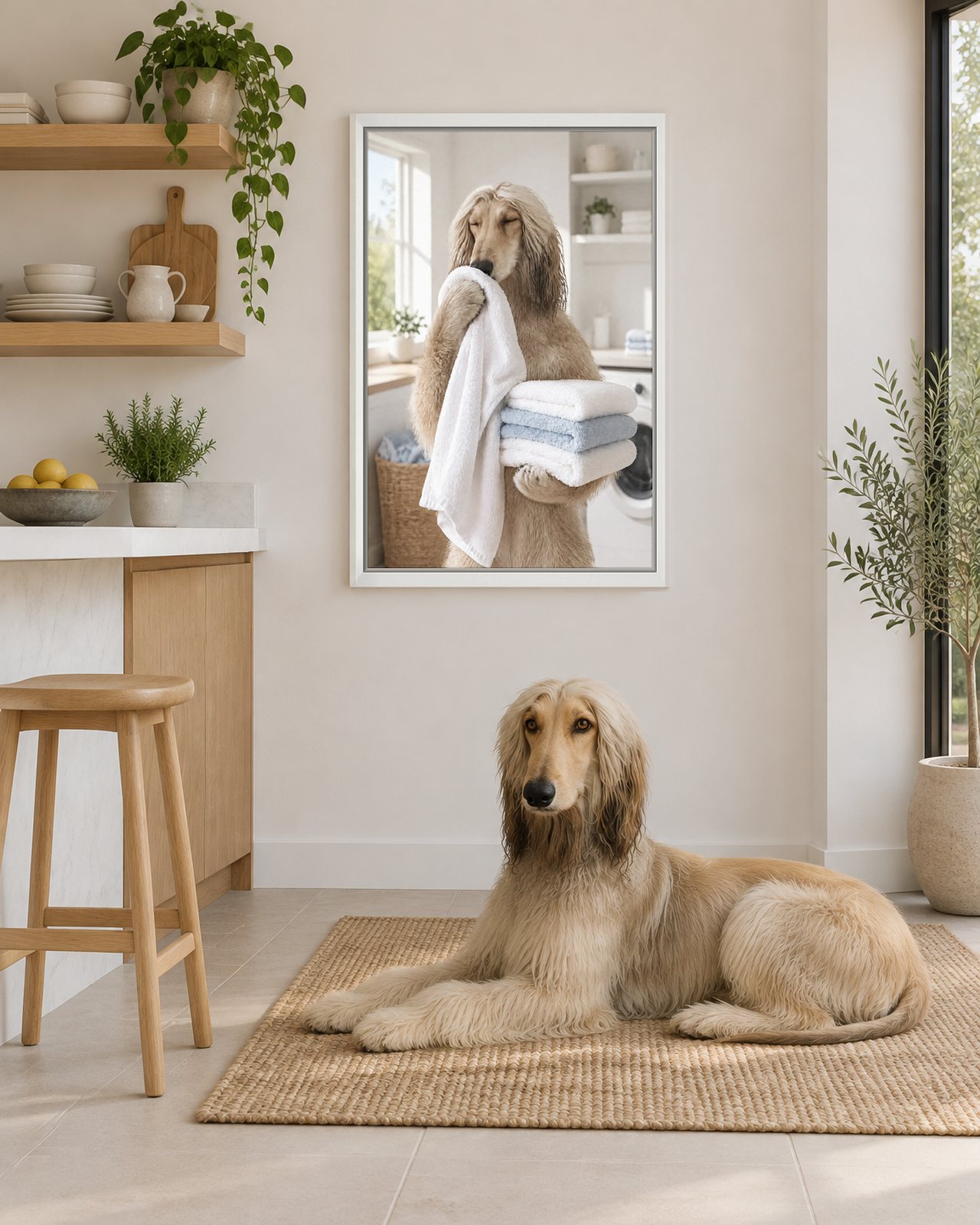 Towel Folding portrait on canvas in a white floating frame in a white kitchen with open shelves, with the dog beside it
