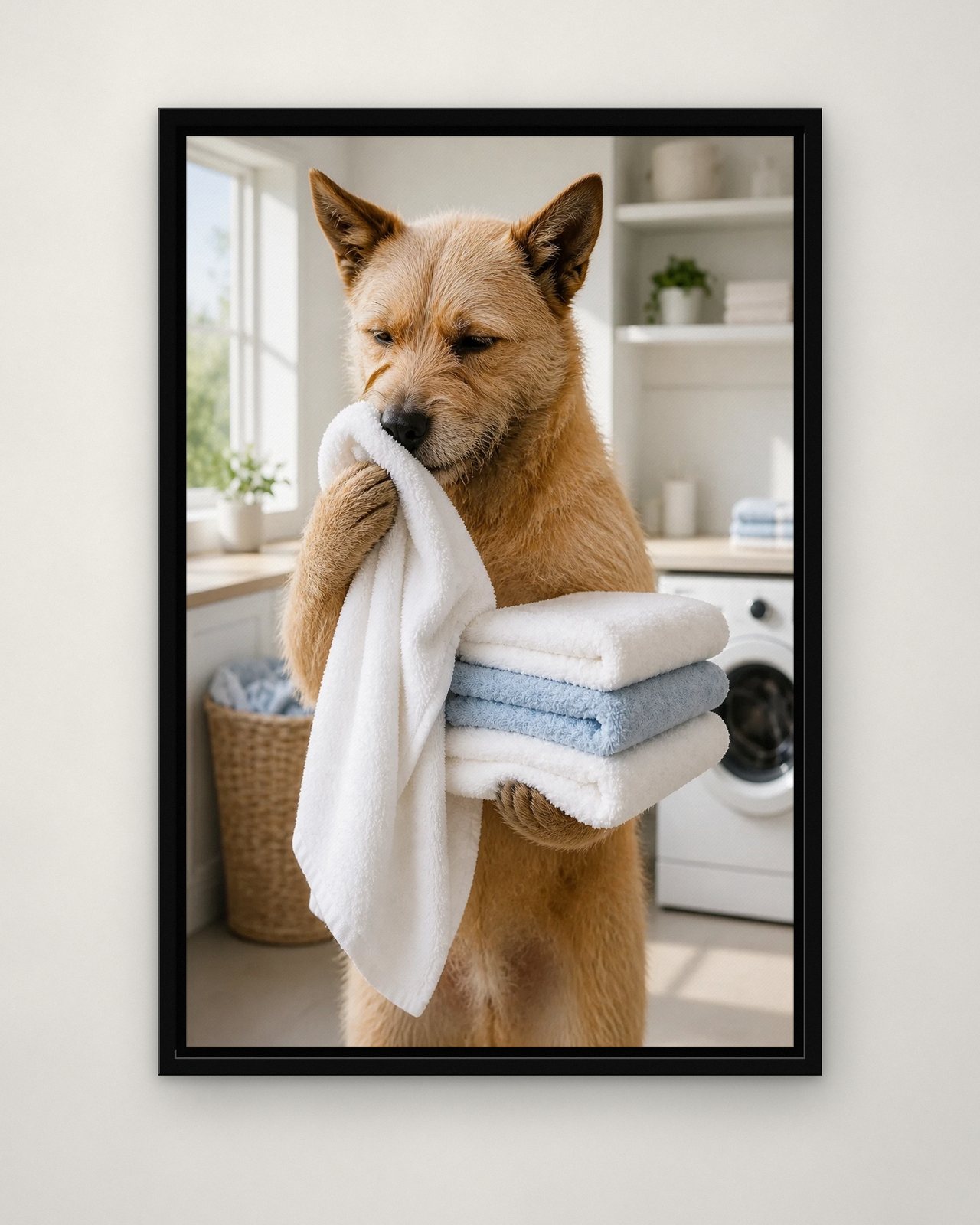 Towel Folding portrait on canvas in a black floating frame on a plain wall