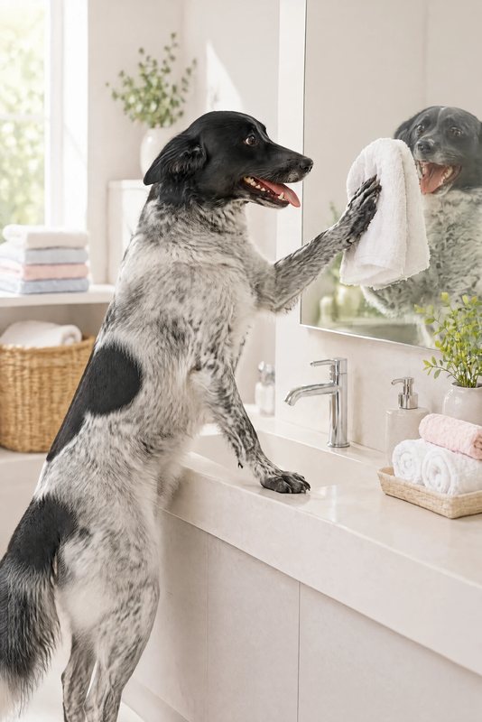 The Mirror Shine look made with a black-and-white speckled dog