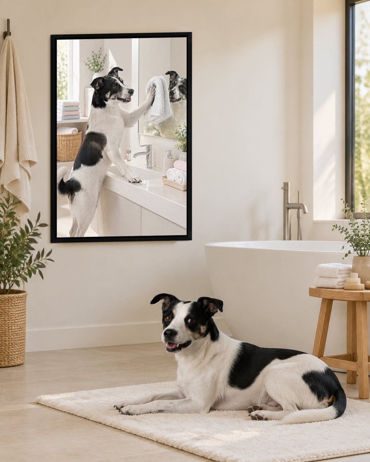 Mirror Shine portrait on canvas in a black floating frame in a bright bathroom with a freestanding tub, with the dog beside it