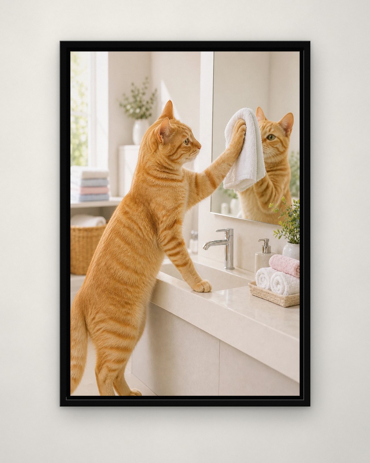 Mirror Shine portrait on canvas in a black floating frame on a plain wall