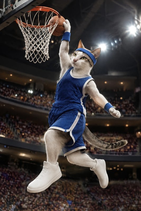 The Slam Dunk look made with a white cat with a tabby cap