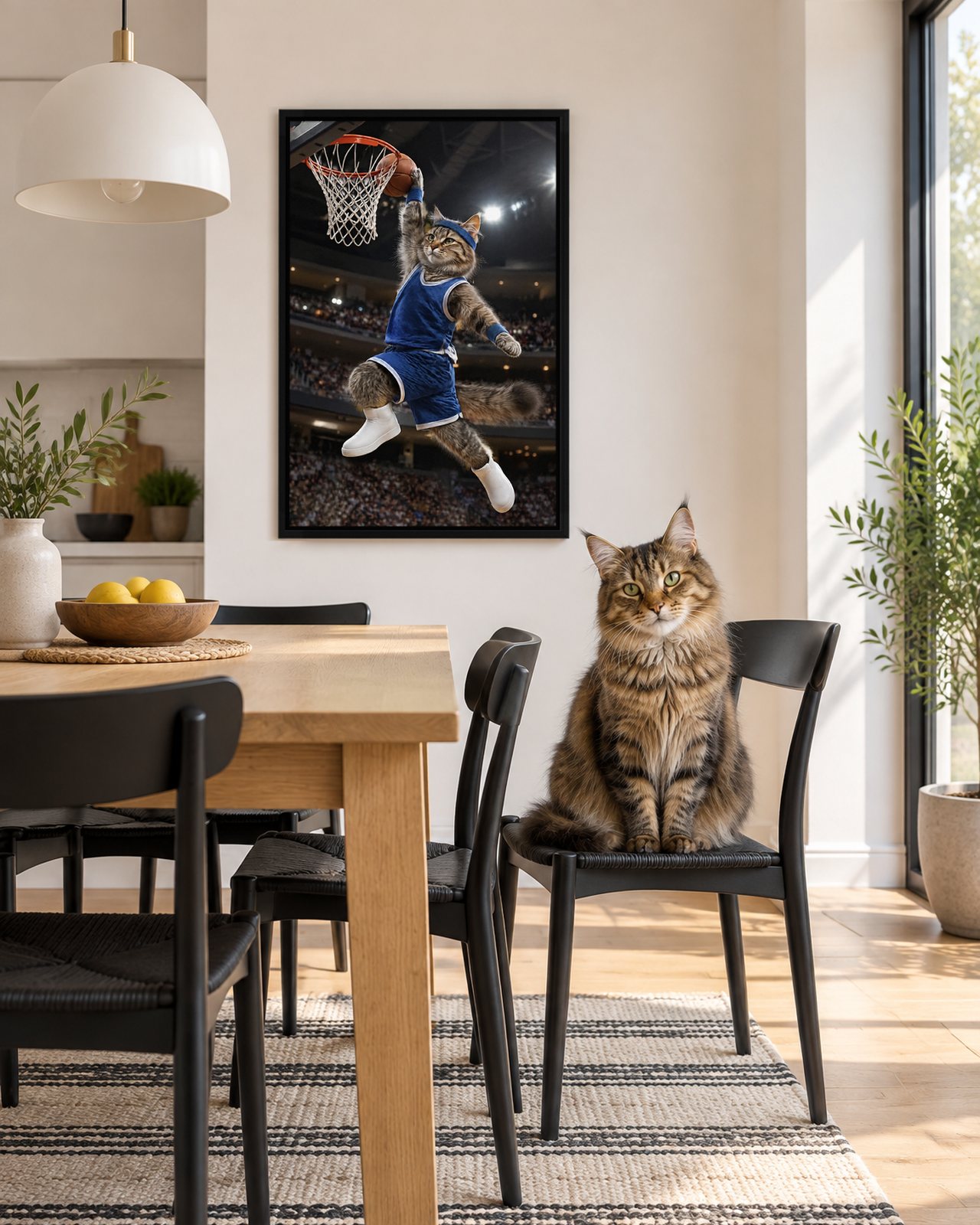 Slam Dunk portrait on canvas in a black floating frame in a sunny kitchen-diner, with the cat beside it