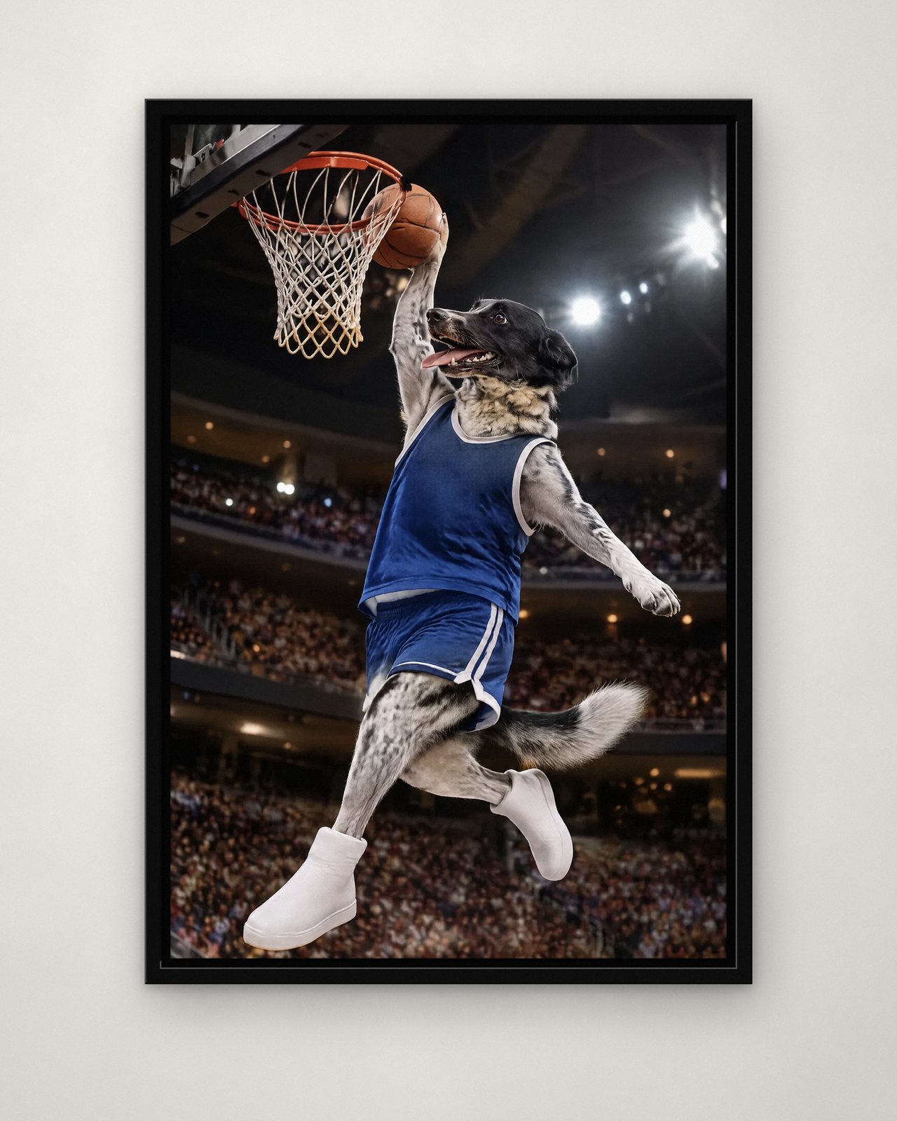 Slam Dunk portrait on canvas in a black floating frame on a plain wall