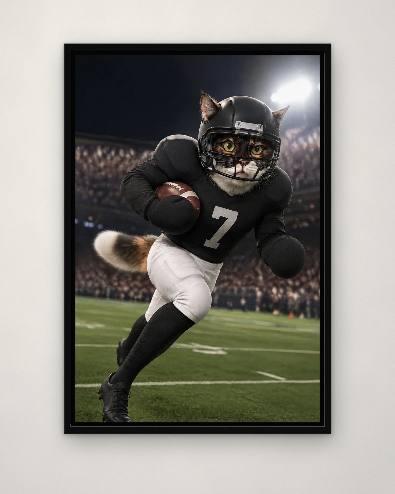 Touchdown portrait on canvas in a black floating frame on a plain wall