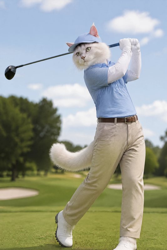 The Hole in One look made with a fluffy white cat