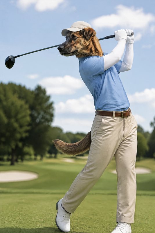 The Hole in One look made with a brindle mixed-breed dog