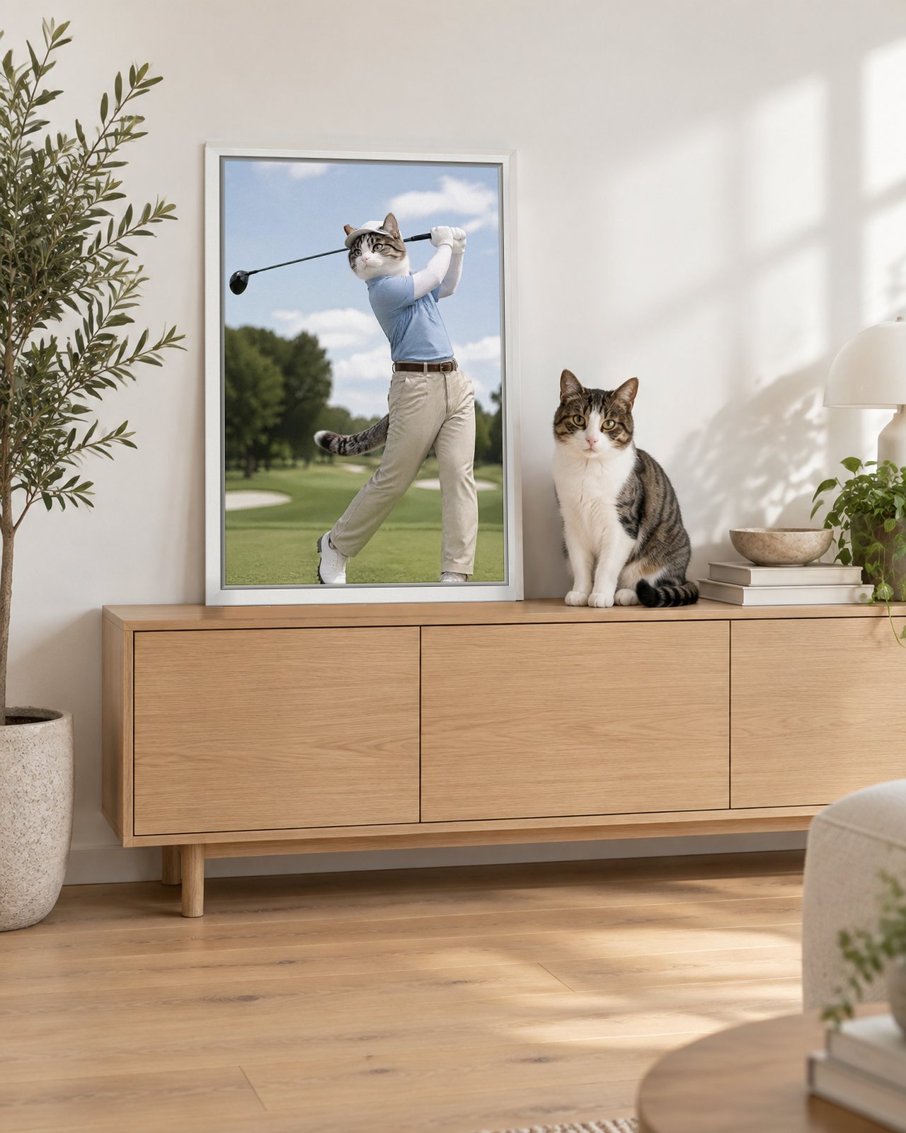 Hole in One portrait on canvas in a white floating frame in a bright modern living room, with the cat beside it