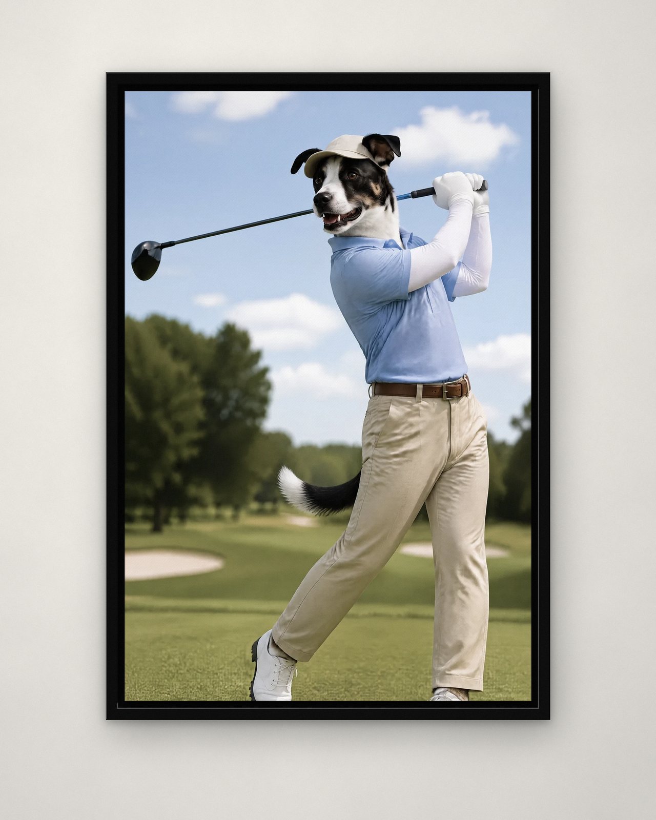Hole in One portrait on canvas in a black floating frame on a plain wall