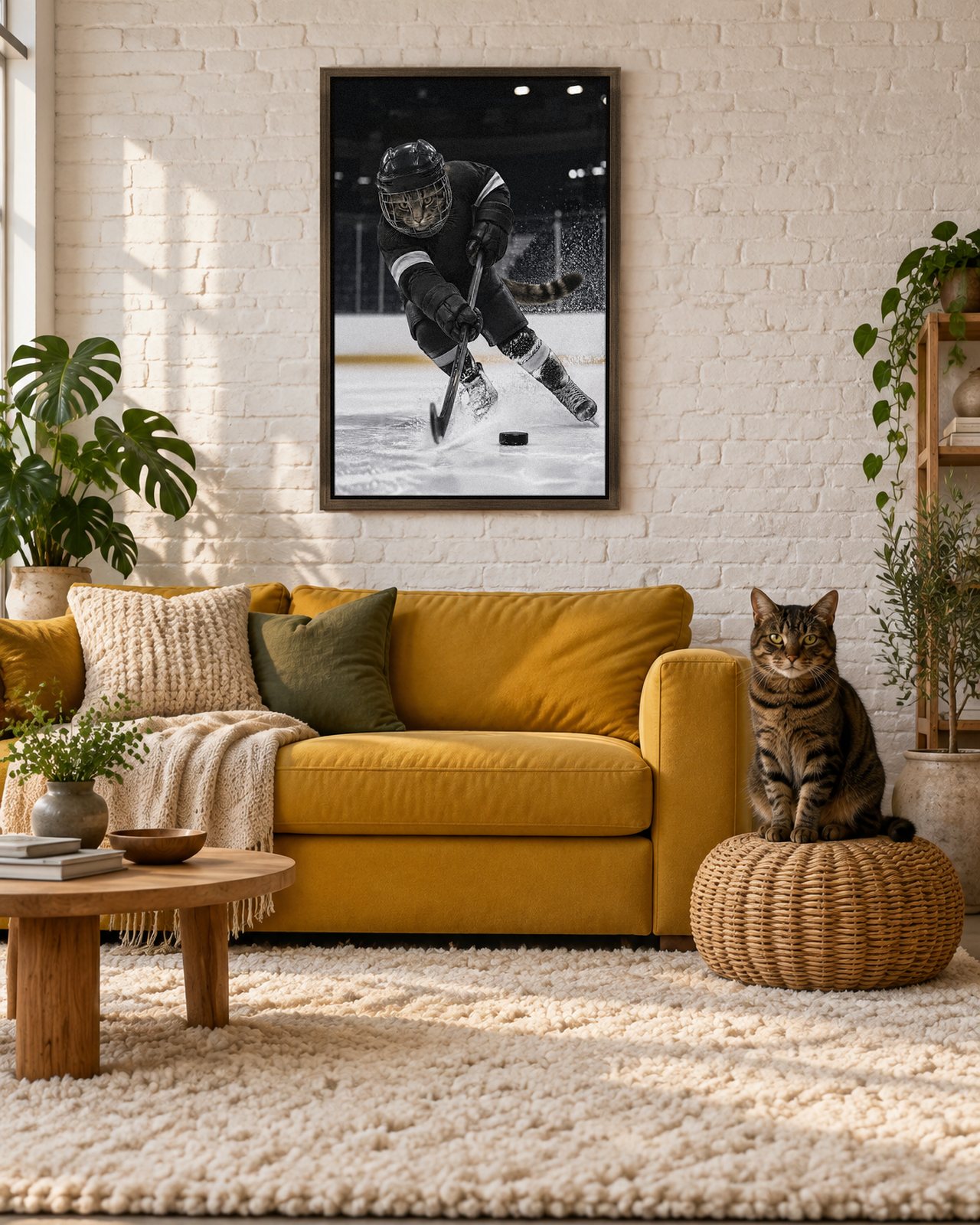 Hat Trick portrait on canvas in a brown floating frame in a loft with a cream rug, with the cat beside it