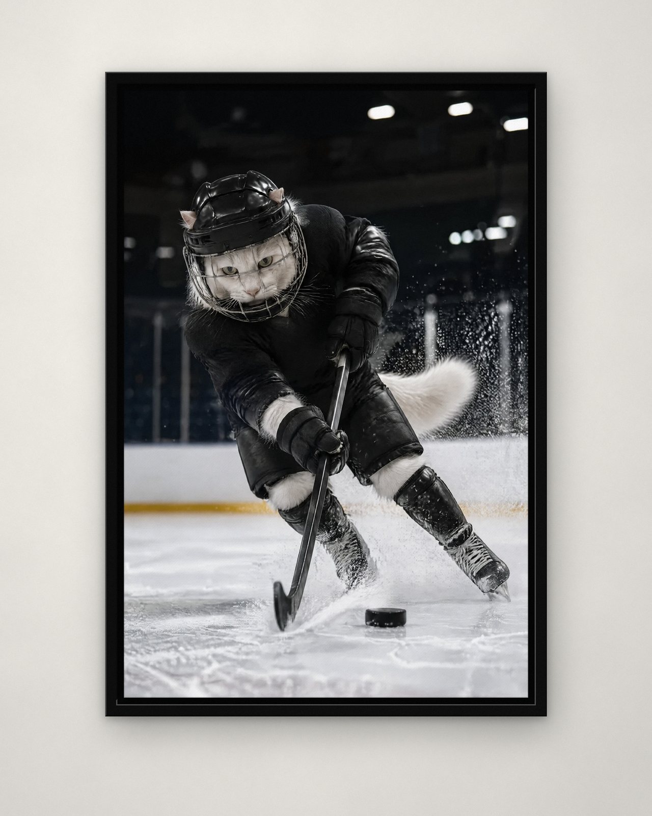Hat Trick portrait on canvas in a black floating frame on a plain wall