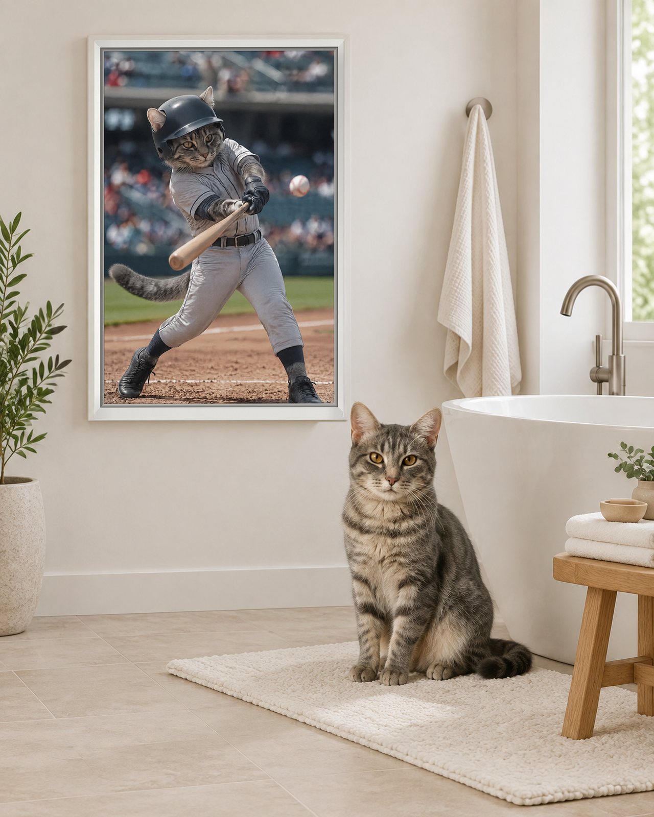 Home Run portrait on canvas in a white floating frame in a bright bathroom with a freestanding tub, with the cat beside it
