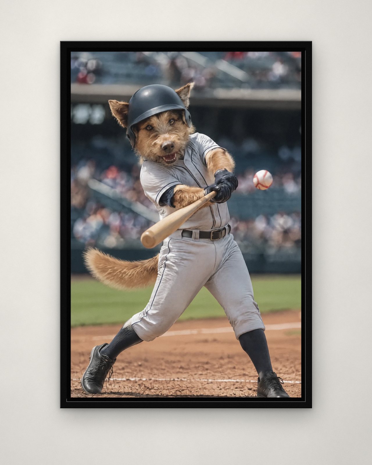 Home Run portrait on canvas in a black floating frame on a plain wall