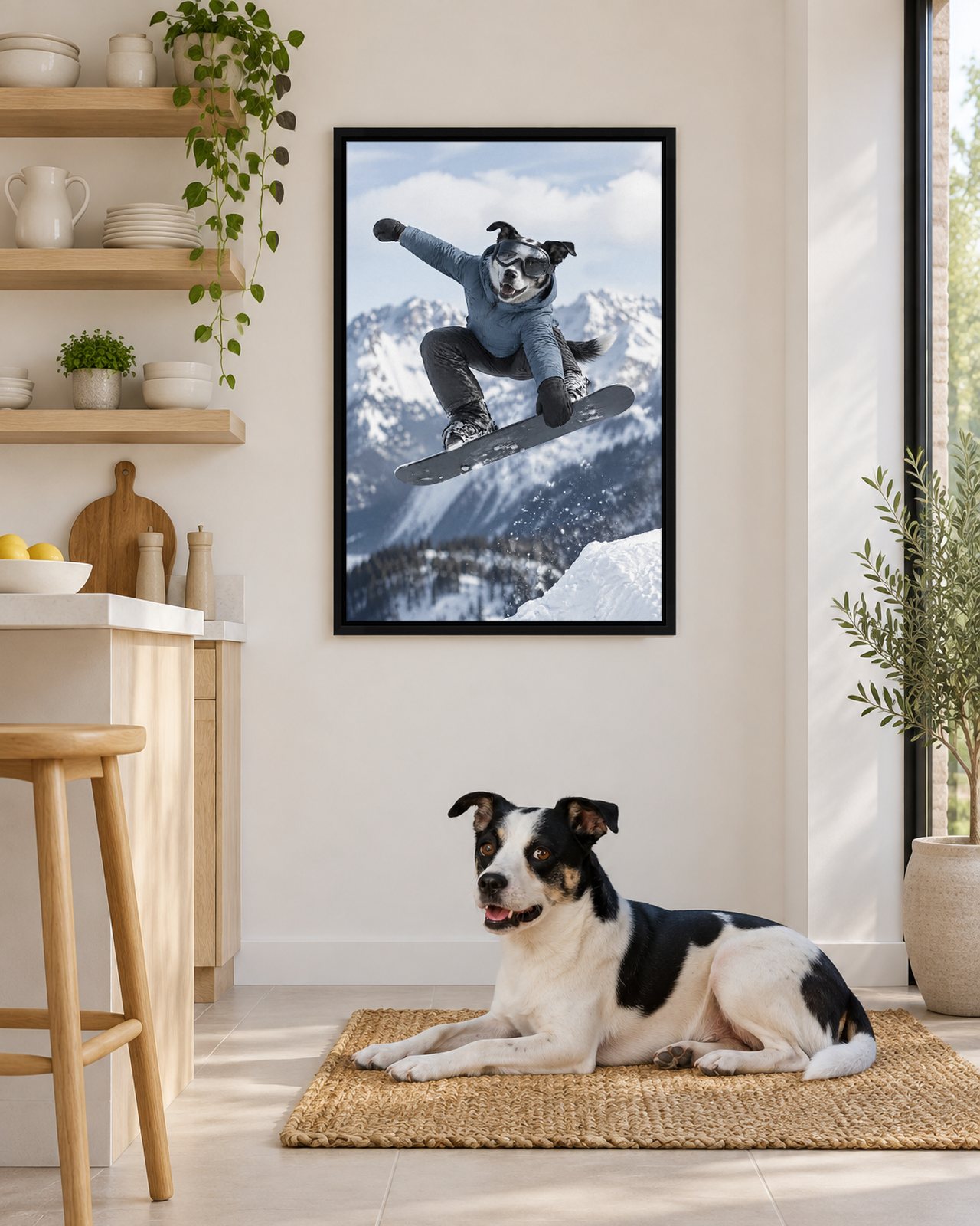 Snowboard Air portrait on canvas in a black floating frame in a white kitchen with open shelves, with the dog beside it