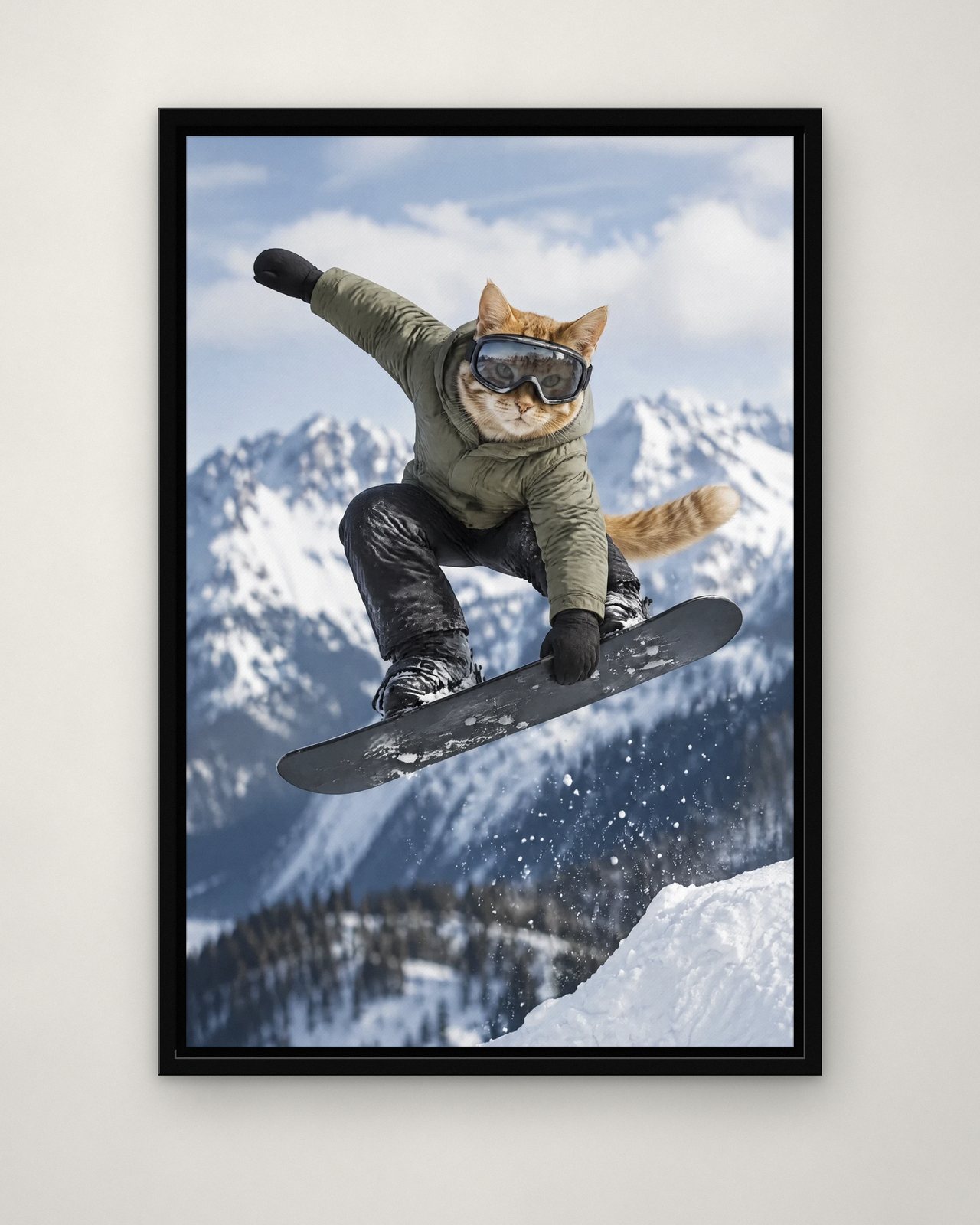 Snowboard Air portrait on canvas in a black floating frame on a plain wall