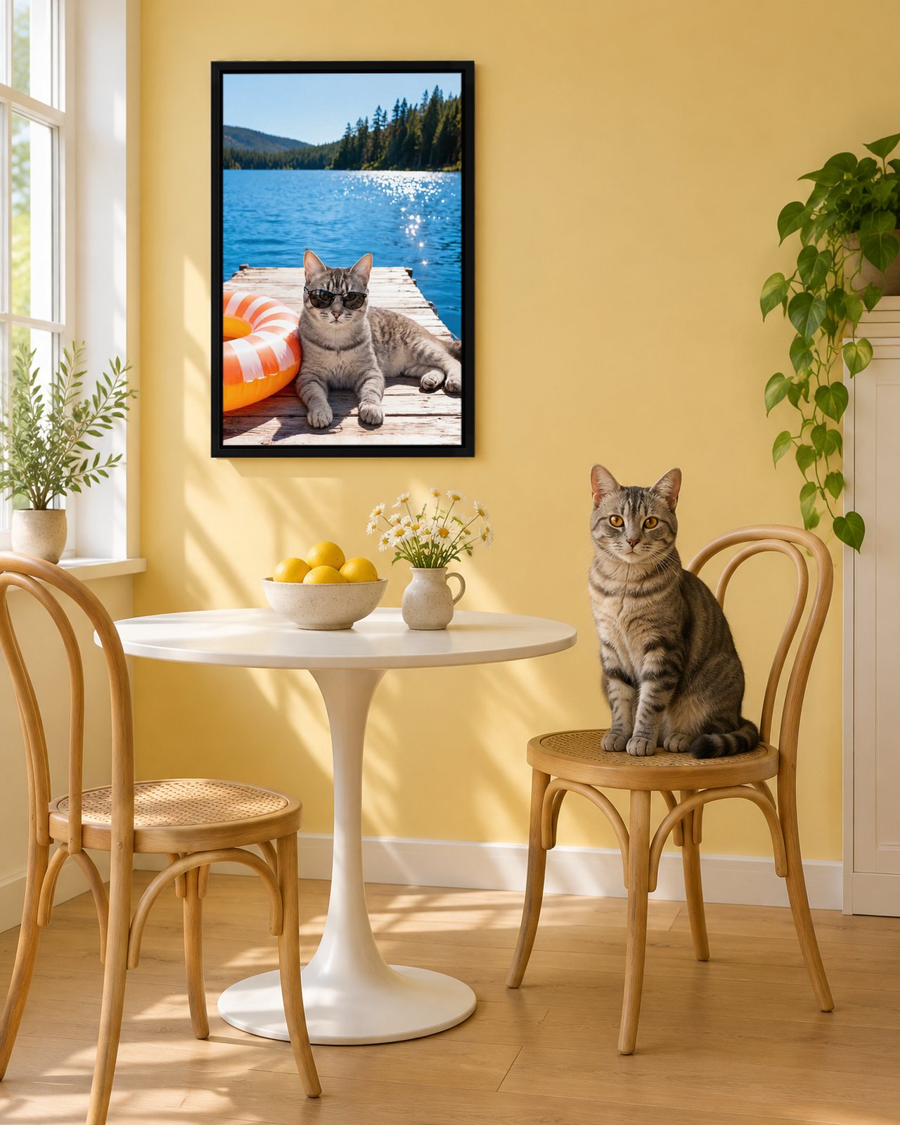 Dockside Days portrait on canvas in a black floating frame in a butter-yellow breakfast nook, with the cat beside it