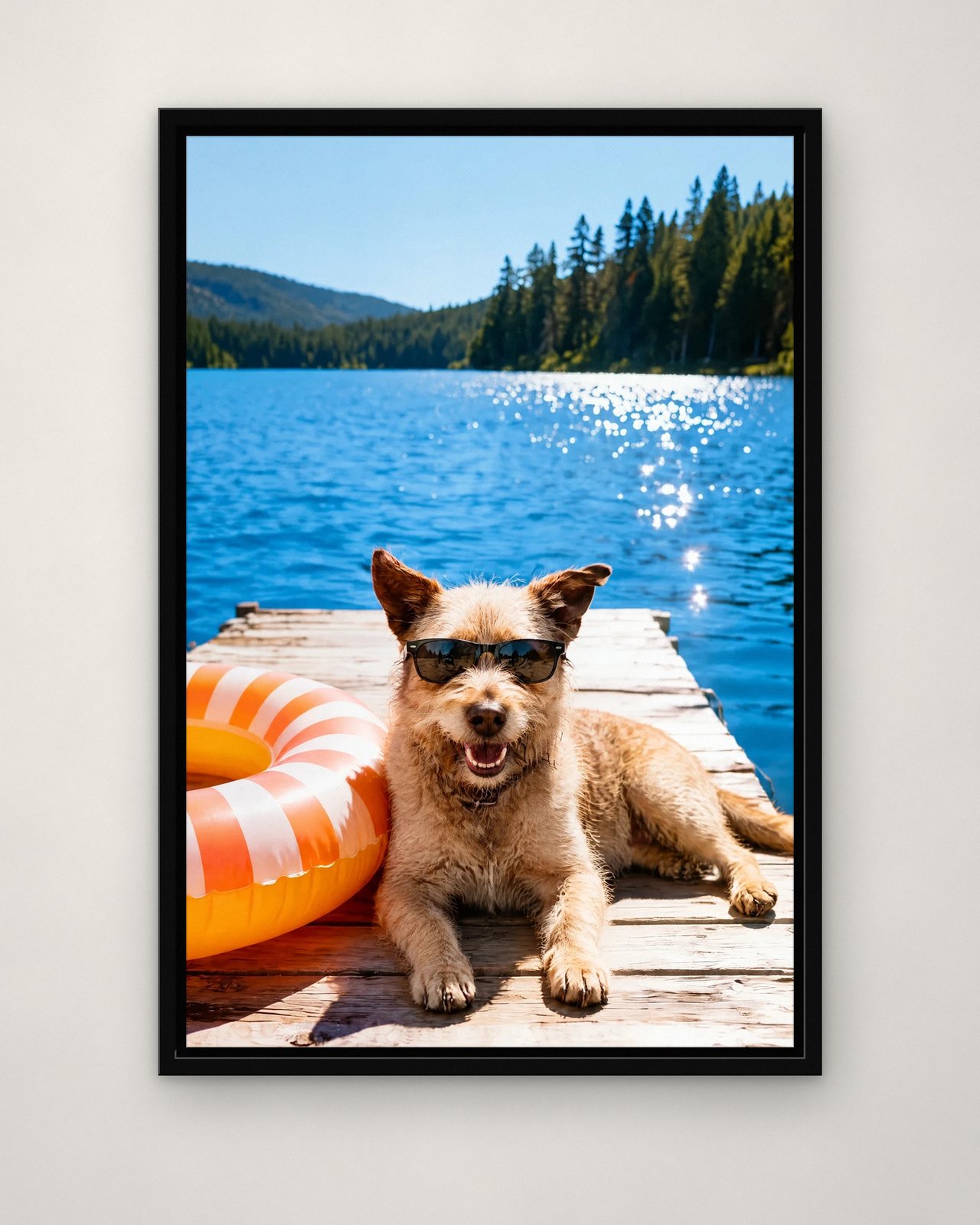 Dockside Days portrait on canvas in a black floating frame on a plain wall