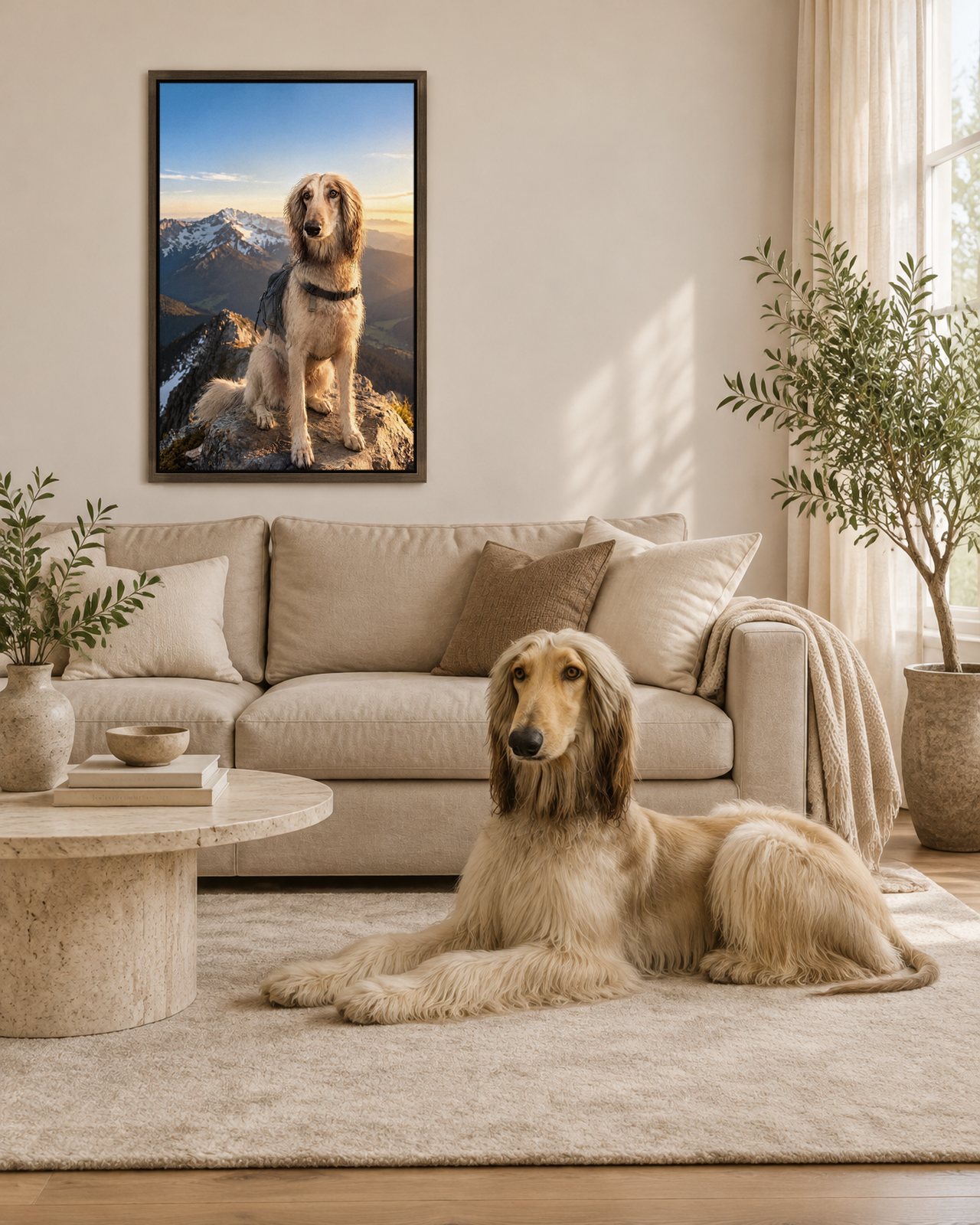 Top of the Trail portrait on canvas in a brown floating frame in a linen-sofa living room, with the dog beside it