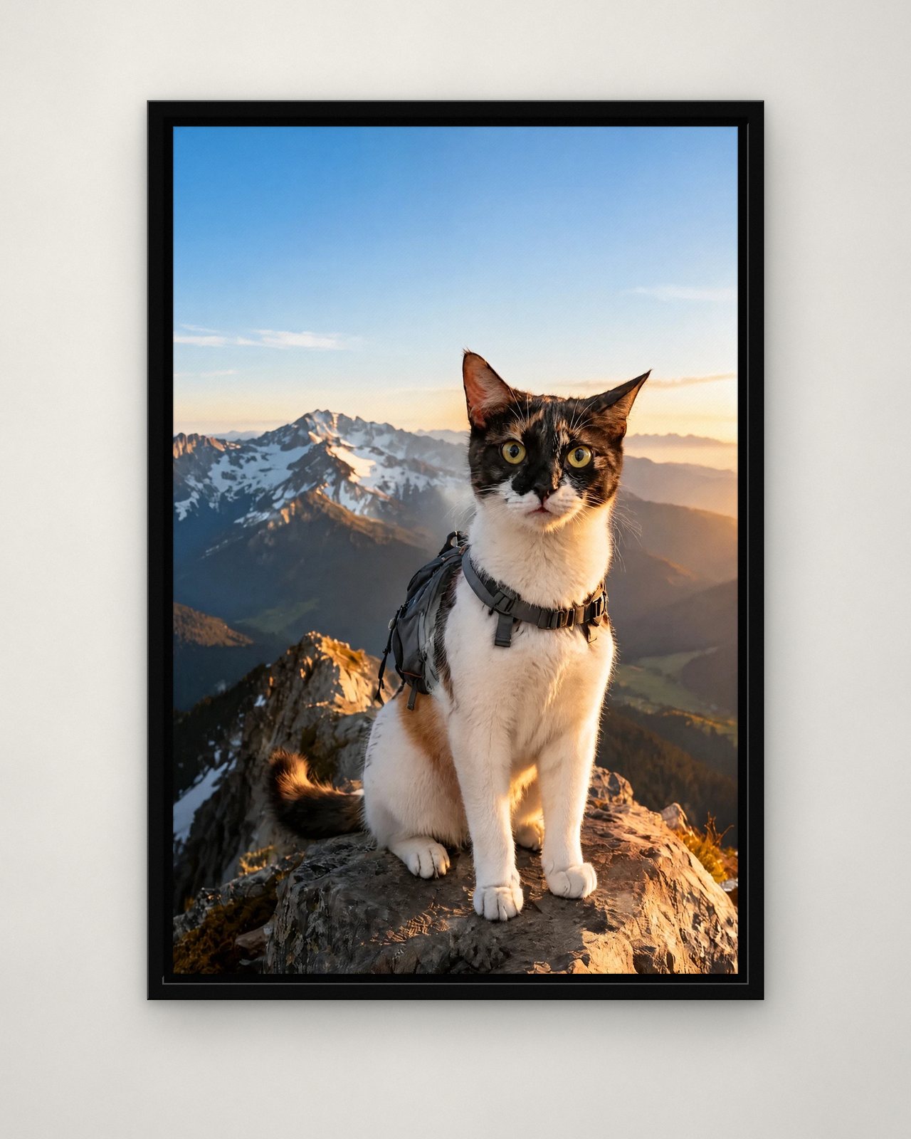 Top of the Trail portrait on canvas in a black floating frame on a plain wall