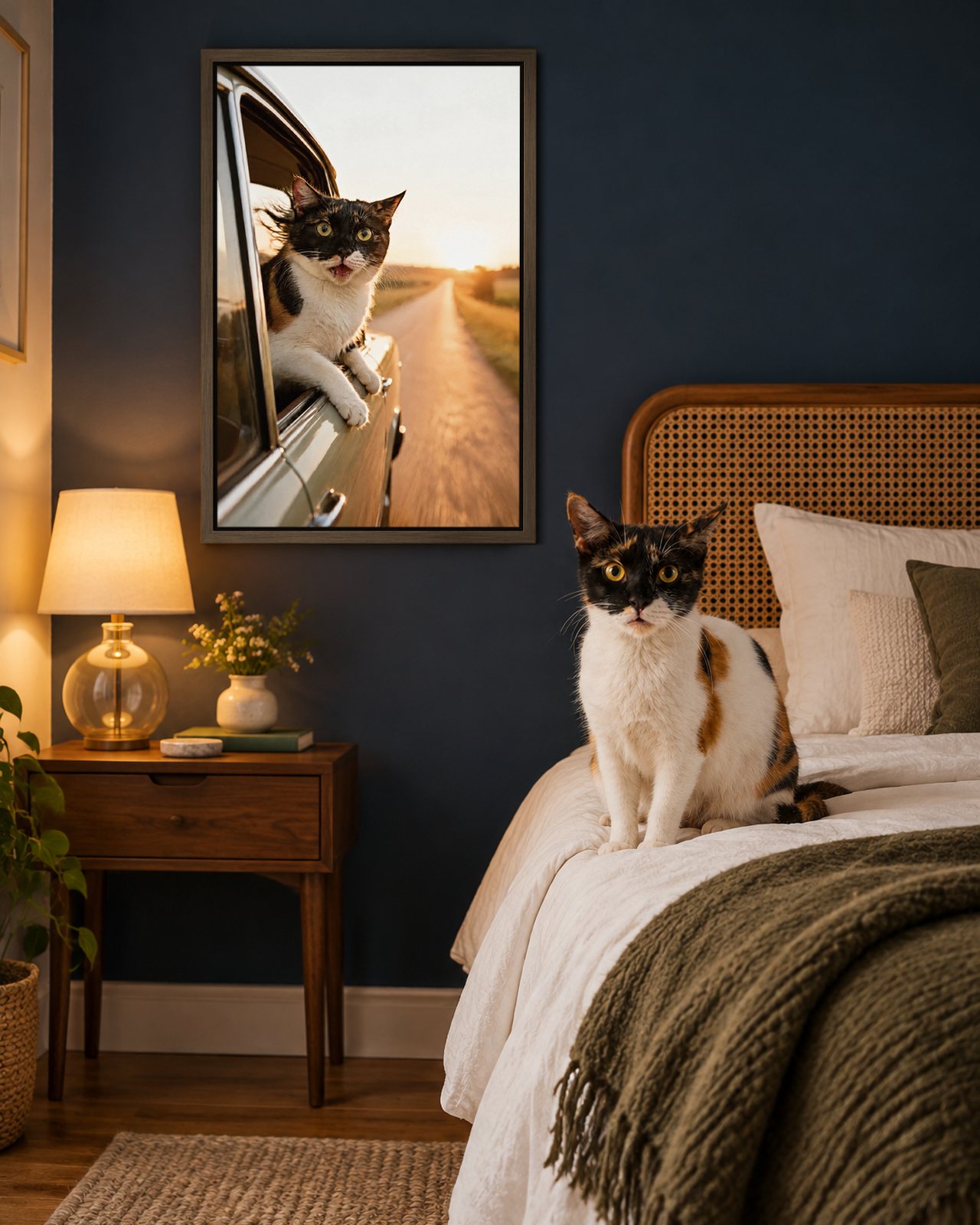 Window Down portrait on canvas in a brown floating frame in an inky-blue bedroom with a cane headboard, with the cat beside it