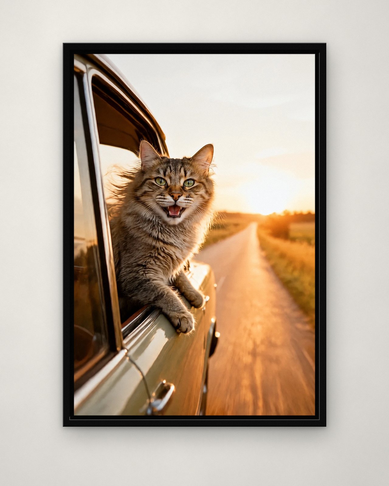 Window Down portrait on canvas in a black floating frame on a plain wall