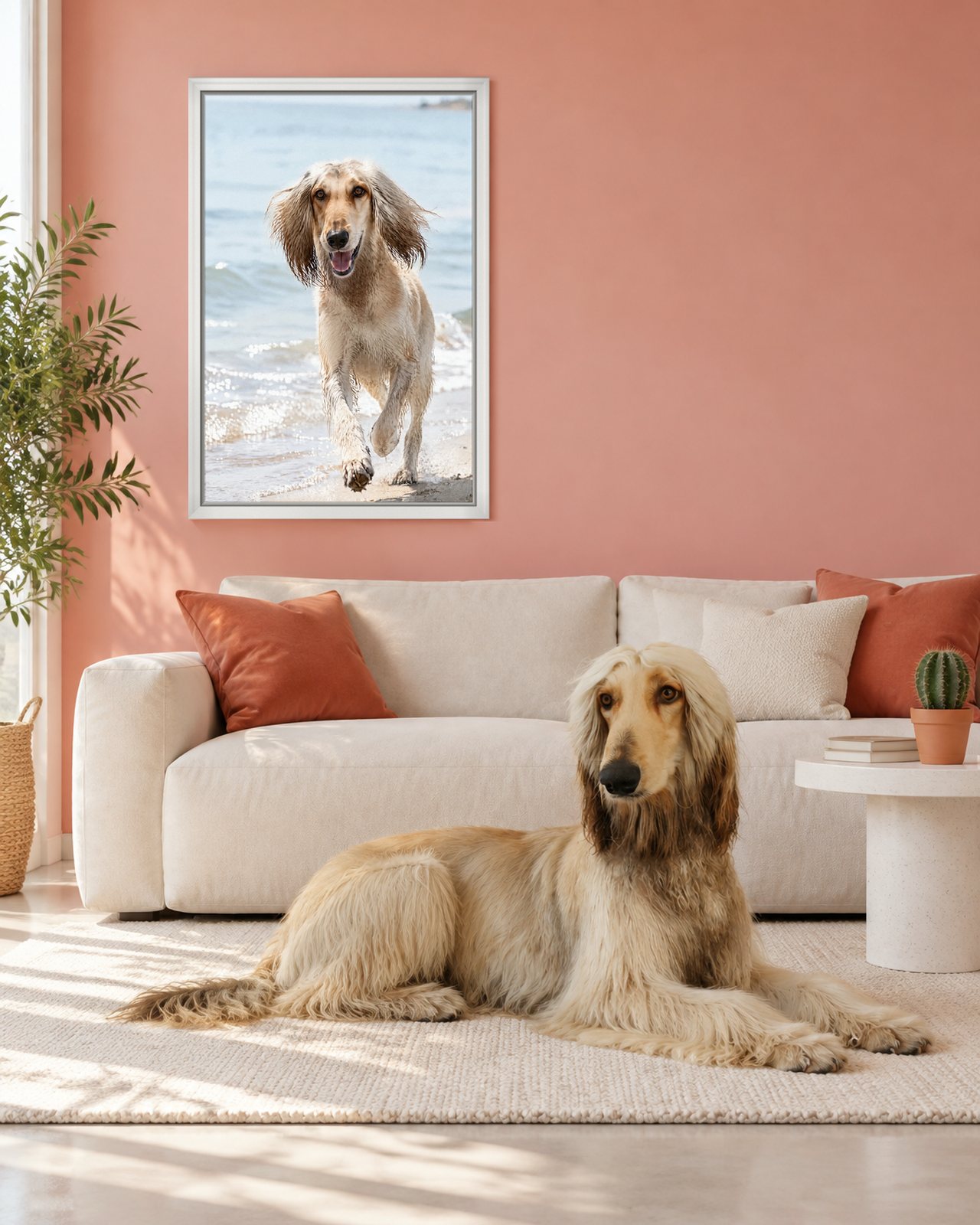 Shoreline Sprint portrait on canvas in a white floating frame in a coral-pink living room, with the dog beside it