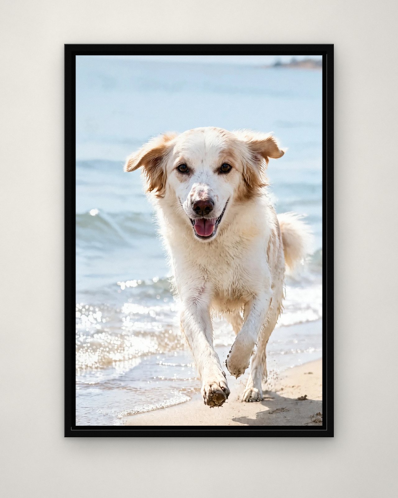 Shoreline Sprint portrait on canvas in a black floating frame on a plain wall