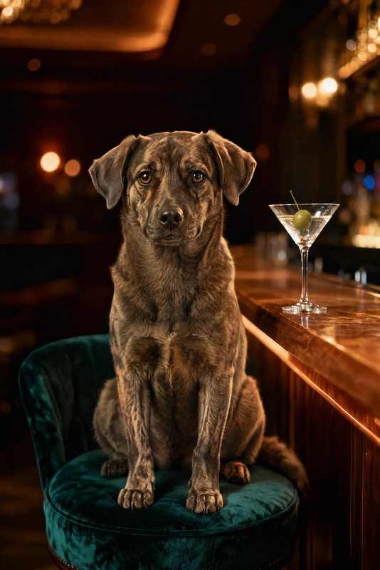 The Martini Hour look made with a brindle mixed-breed dog