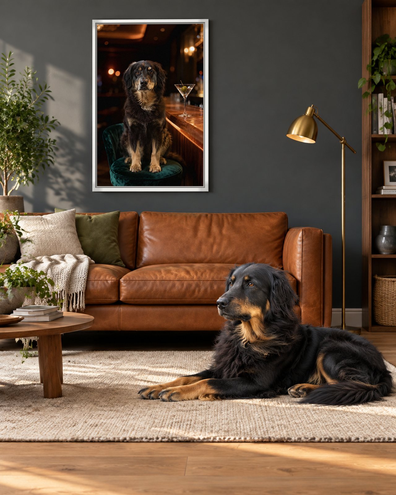 Martini Hour portrait on canvas in a white floating frame in a slate-grey living room, with the dog beside it