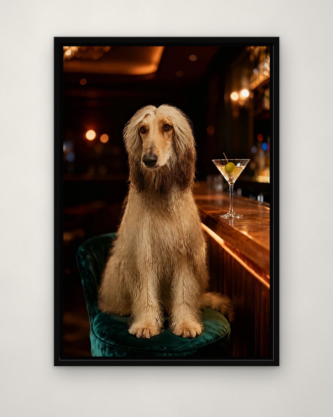 Martini Hour portrait on canvas in a black floating frame on a plain wall
