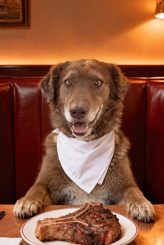 The Steakhouse look made with a chocolate shepherd-collie mix