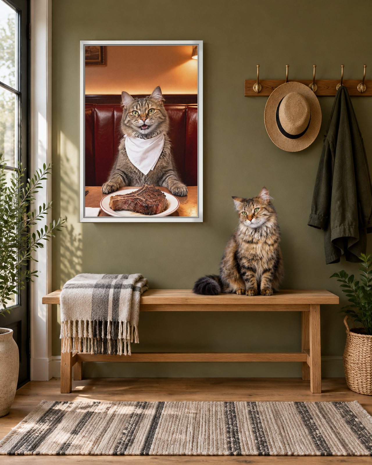 The Steakhouse portrait on canvas in a white floating frame in an olive-green entryway with a bench, with the cat beside it