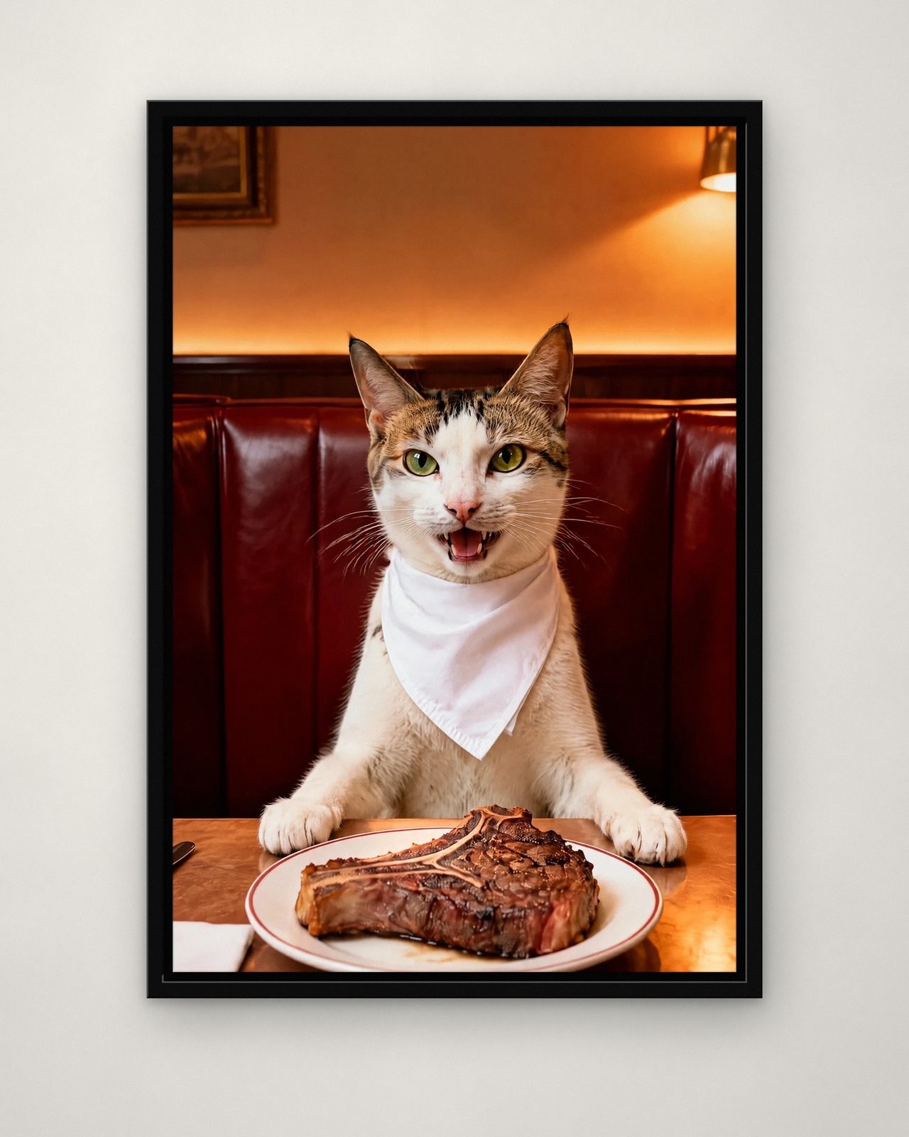 The Steakhouse portrait on canvas in a black floating frame on a plain wall