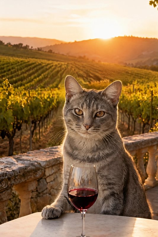 The Wine Tasting look made with a grey tabby cat
