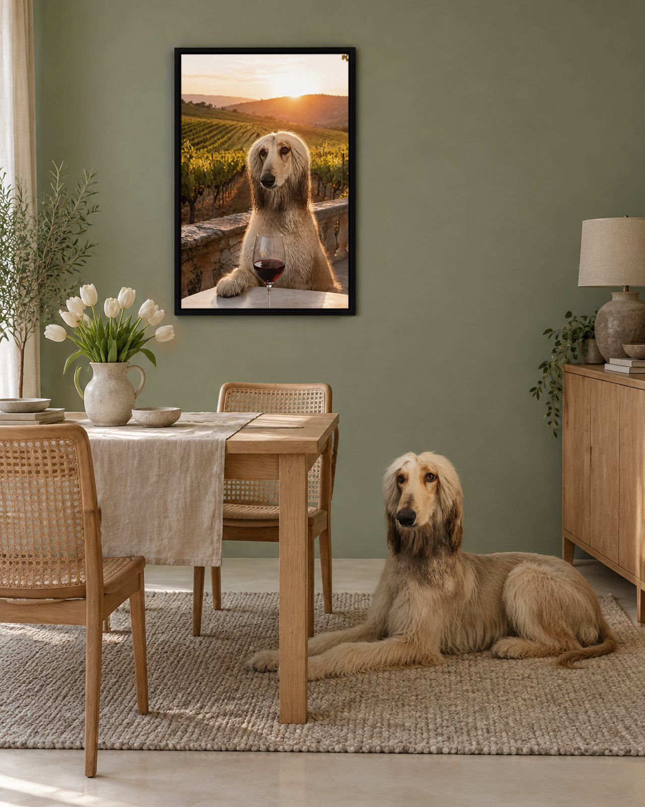 Wine Tasting portrait on canvas in a black floating frame in a sage-green dining room, with the dog beside it