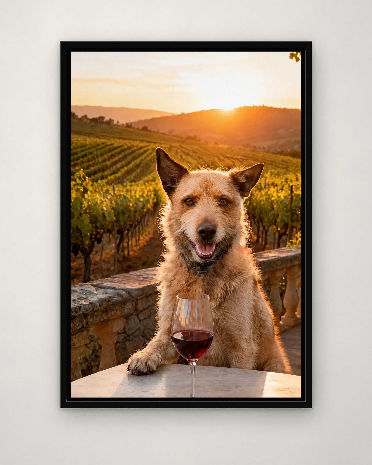Wine Tasting portrait on canvas in a black floating frame on a plain wall