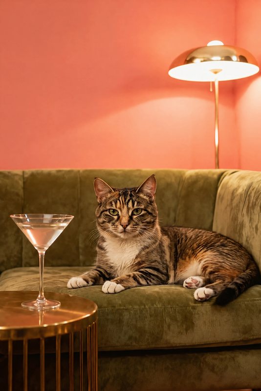 The Sixties Lounge look made with a tortoiseshell tabby cat