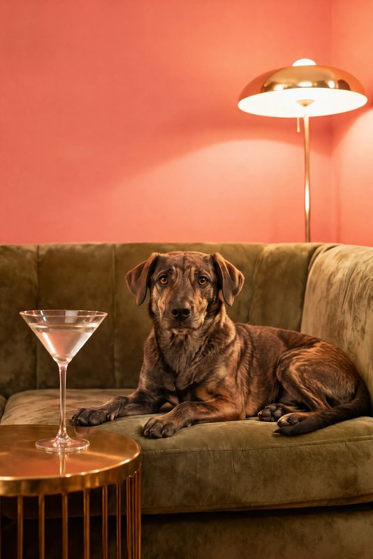 The Sixties Lounge look made with a brindle mixed-breed dog