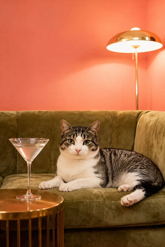 The Sixties Lounge look made with a tabby-and-white cat