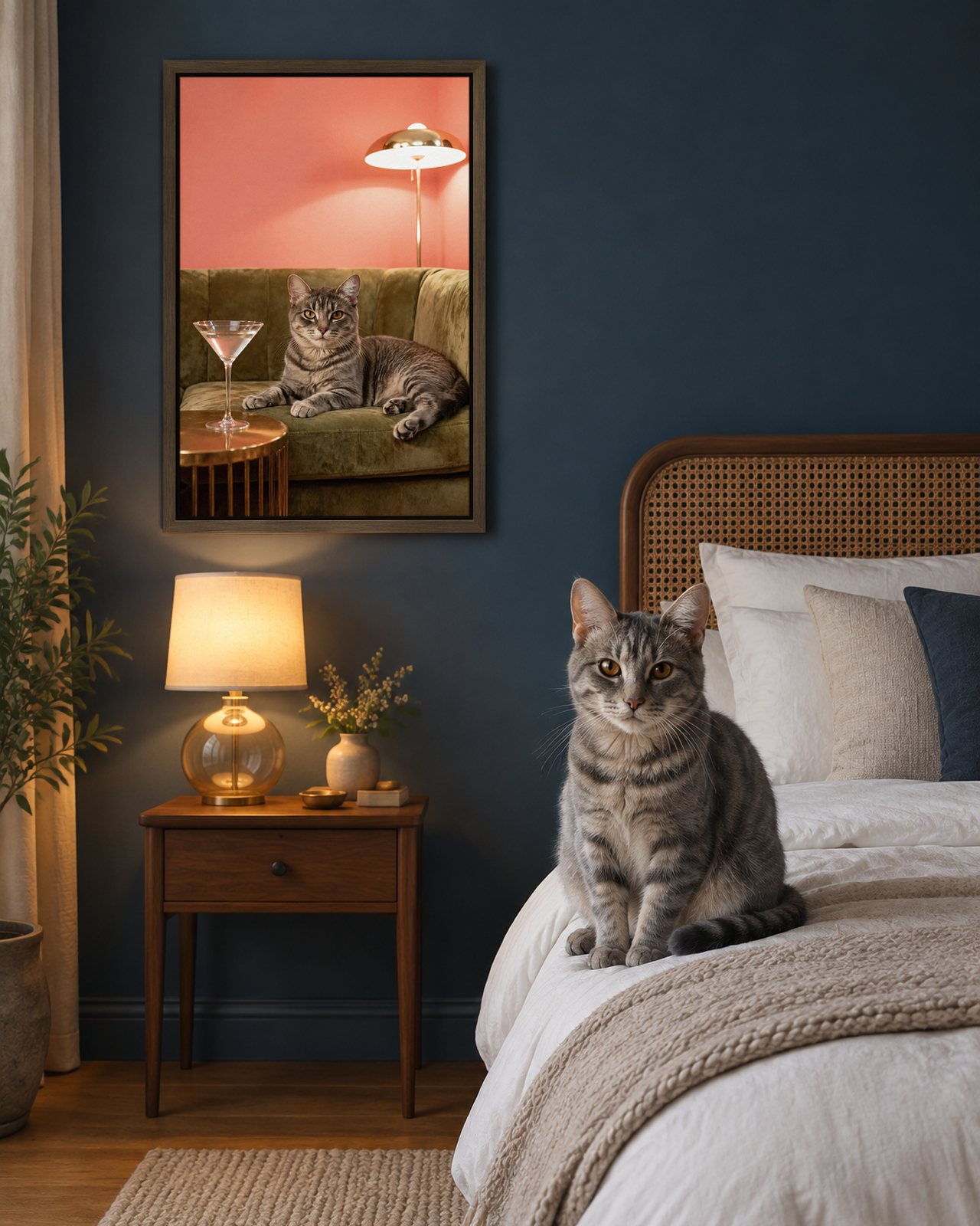 Sixties Lounge portrait on canvas in a brown floating frame in an inky-blue bedroom with a cane headboard, with the cat beside it