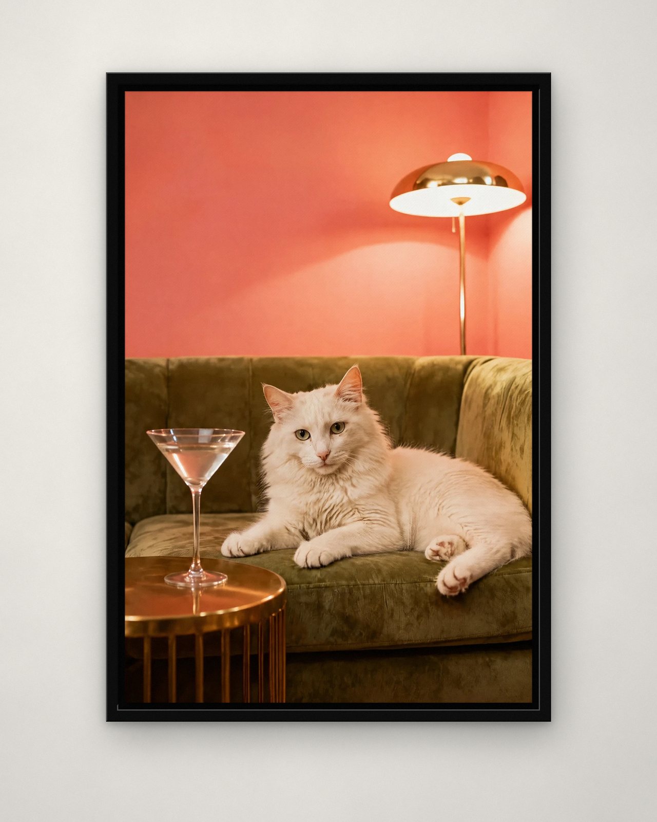 Sixties Lounge portrait on canvas in a black floating frame on a plain wall