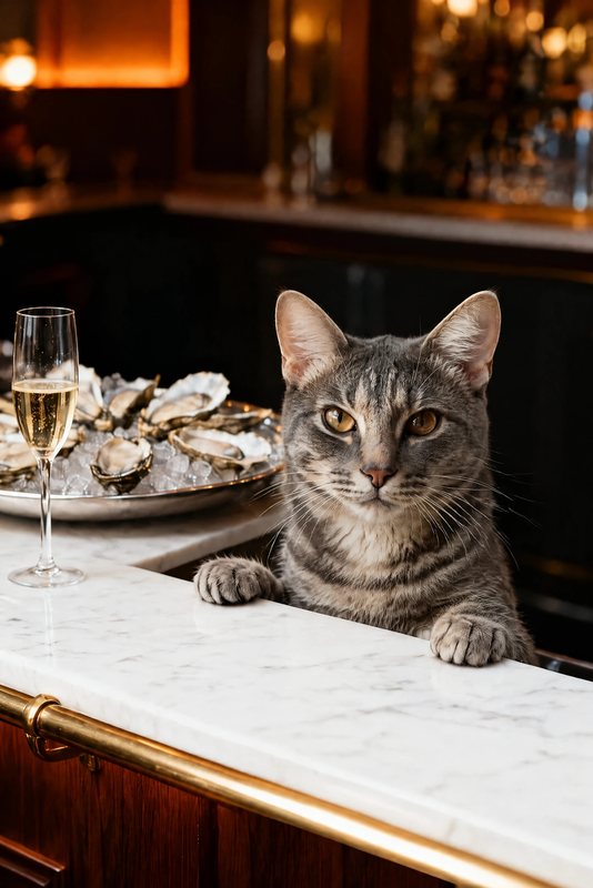 The Oyster Bar look made with a grey tabby cat