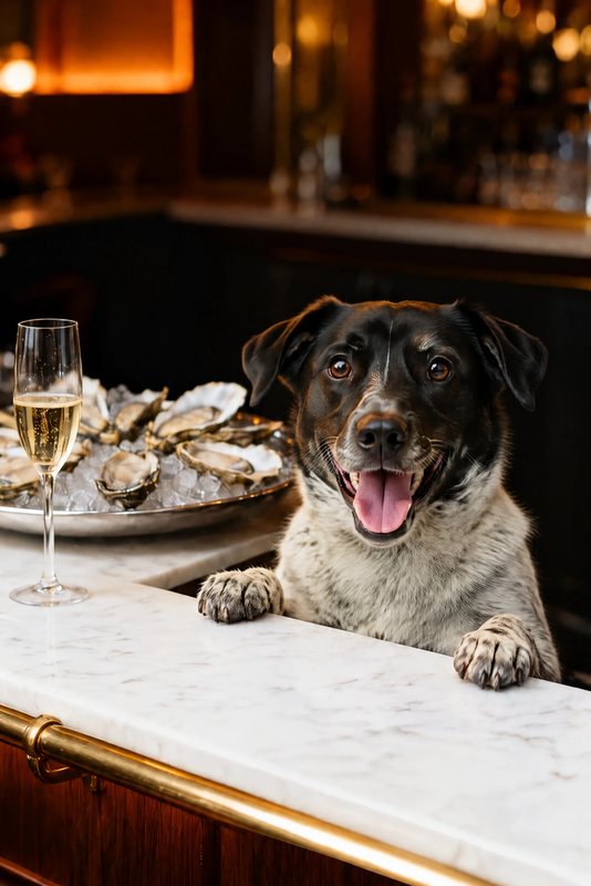 The Oyster Bar look made with a black-and-white speckled dog